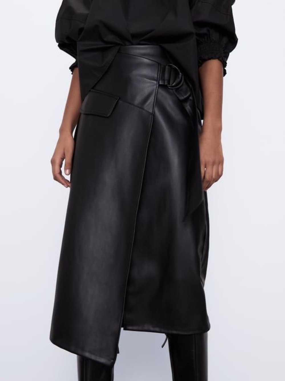 Zara Faux Leather Black Midi Wrap Skirt